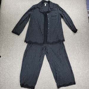 Soma Cool Collection Night Pajama Set S/M Black Stripes Lace Trim Crop Button Up